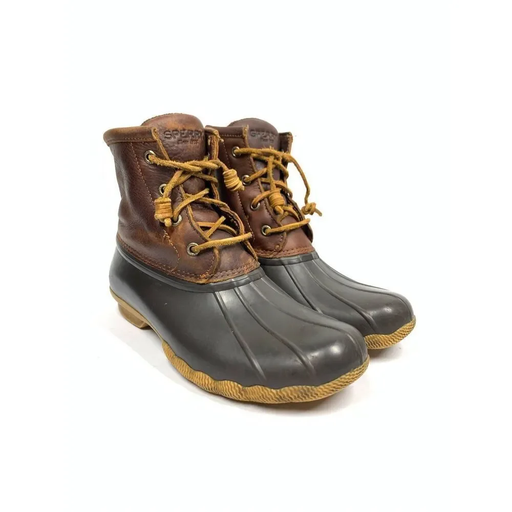 Sperry Women Black with Brown Leather Duck Boots Leather Laces Size 7.5